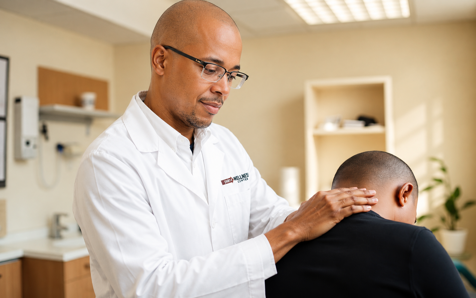 Dr. Winston Carhee performing a chiropractic neck examination on a patient at Pain 2 Wellness in Atlanta